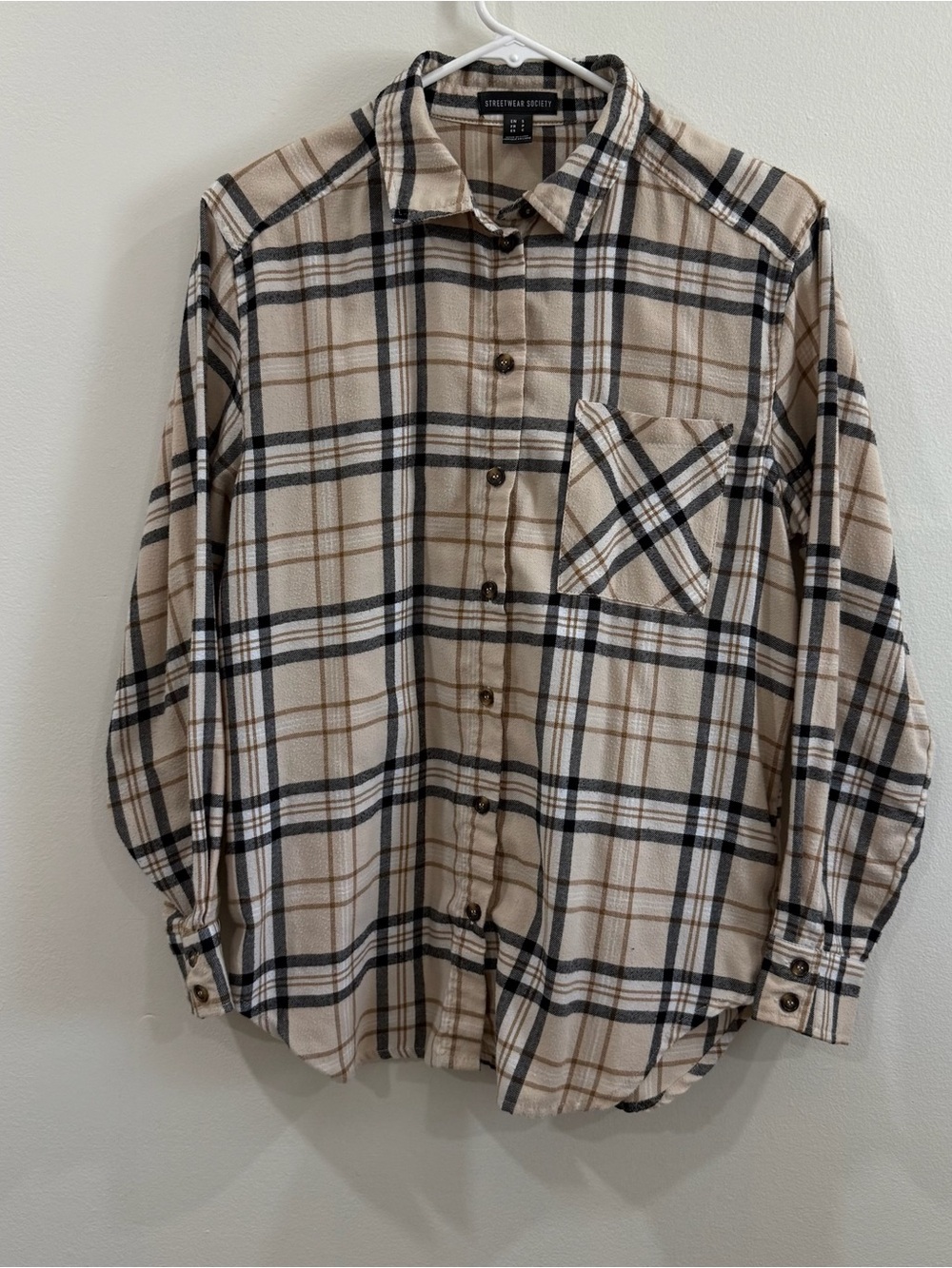Streetwear Society Beige and Black Plaid Button-Down Flannel Shirt